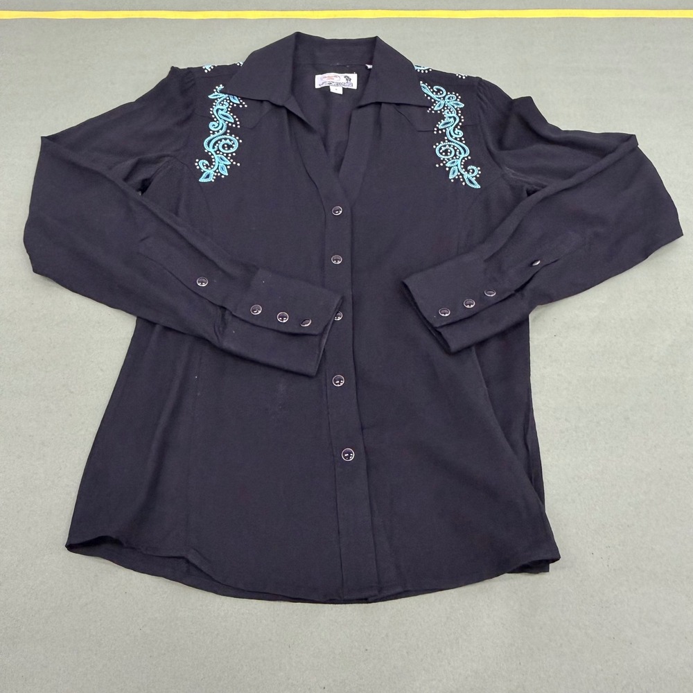 Panhandle Slim Retro Western Shirt Black Turquoise Embroidered Rhinestone Small